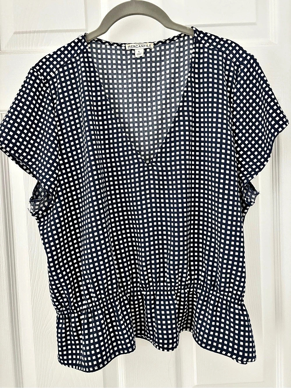 Crew Mercantile Checkered Blouse in Blue & White Size Large Like New